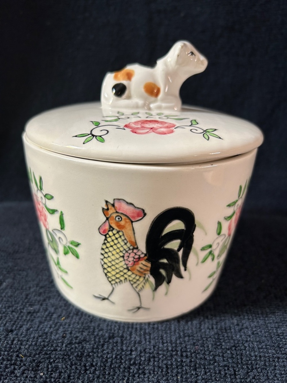 Vintage Lidded Butter Crock w Rooster & Floral Motif w Cow Handle